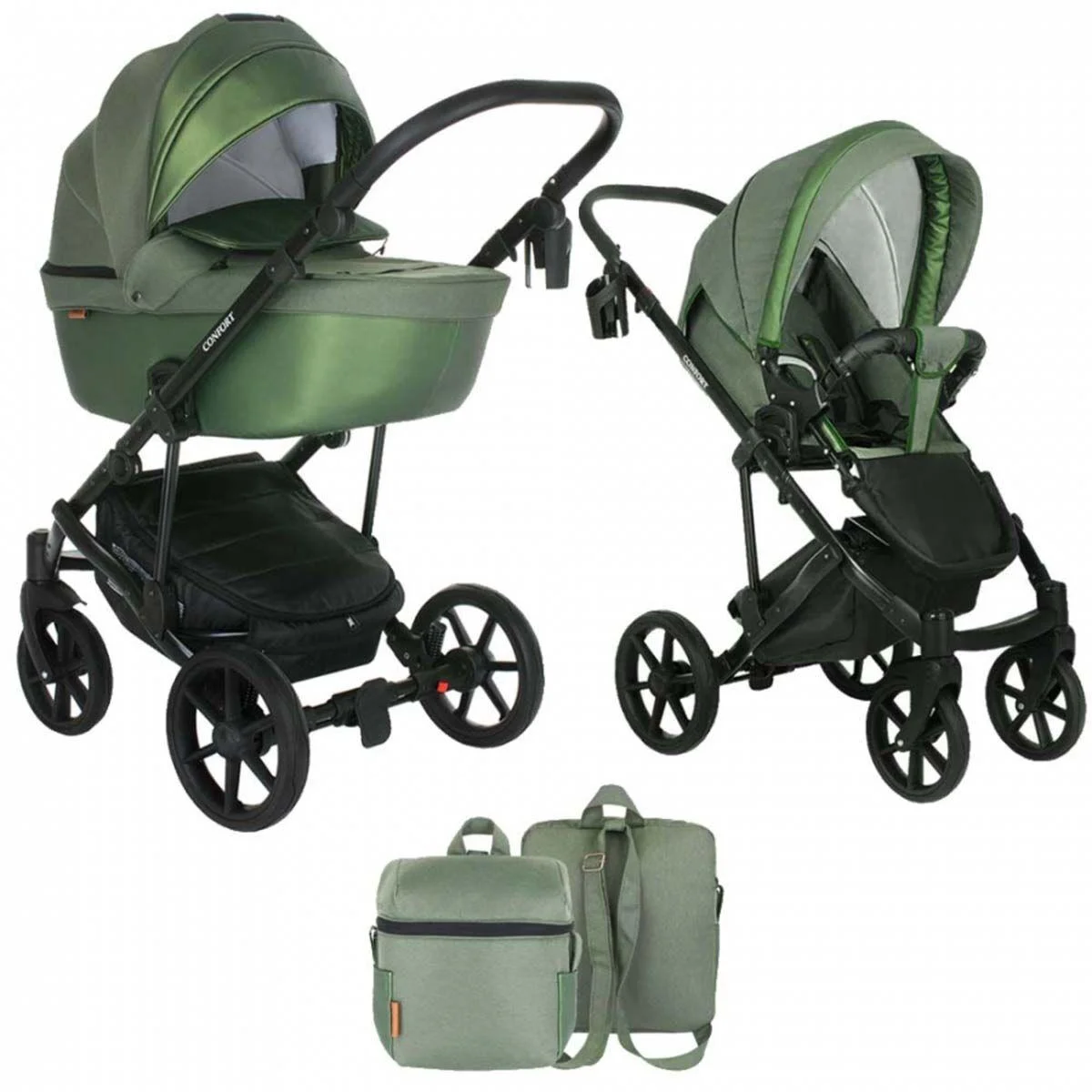 Коляска 2 в1 Pituso CONFORT короб+прогулка Олива+Кожа Олива металлик/Plus