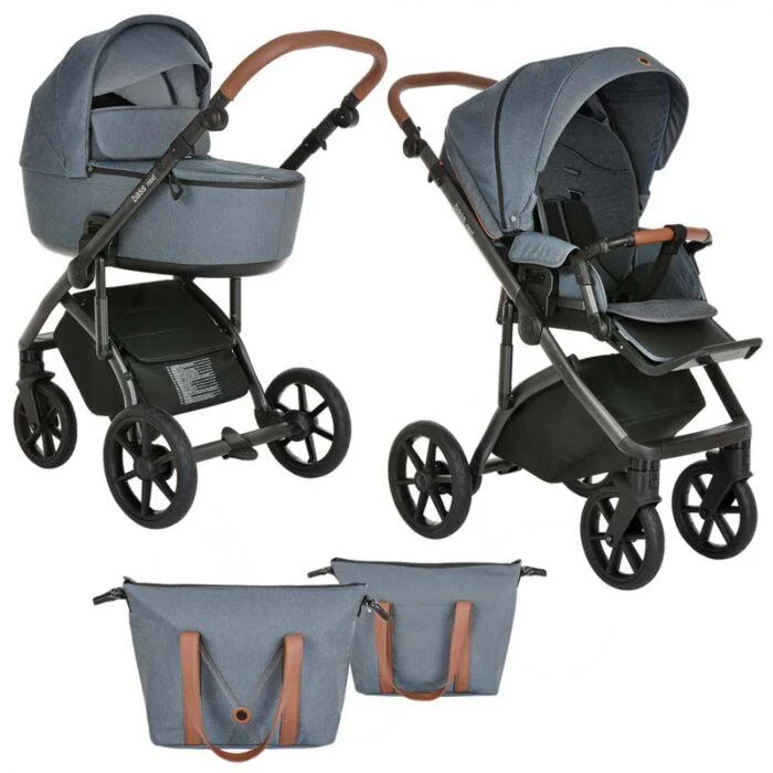 Коляска 2 в1 RoanBass Next короб + прогулка Blue Jeans/Black/руч.Коричневый(2 места)