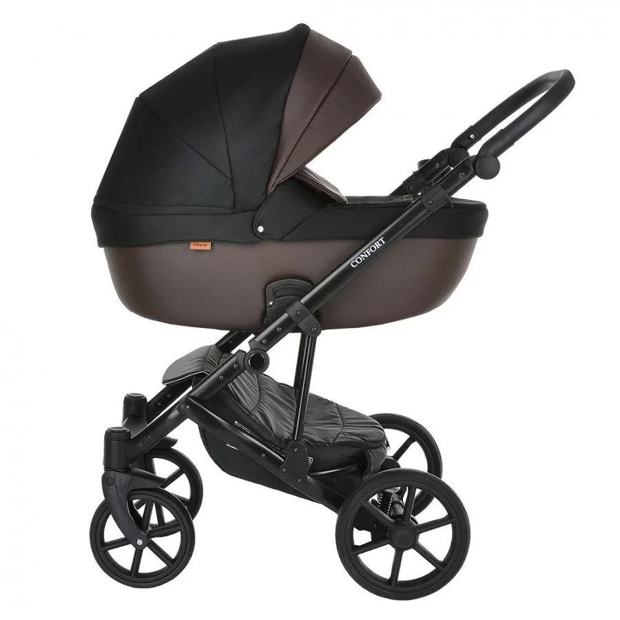 Коляска 2 в 1 Pituso Confort Plus гелевые колеса Черный+Кожа Тем.Шоколад